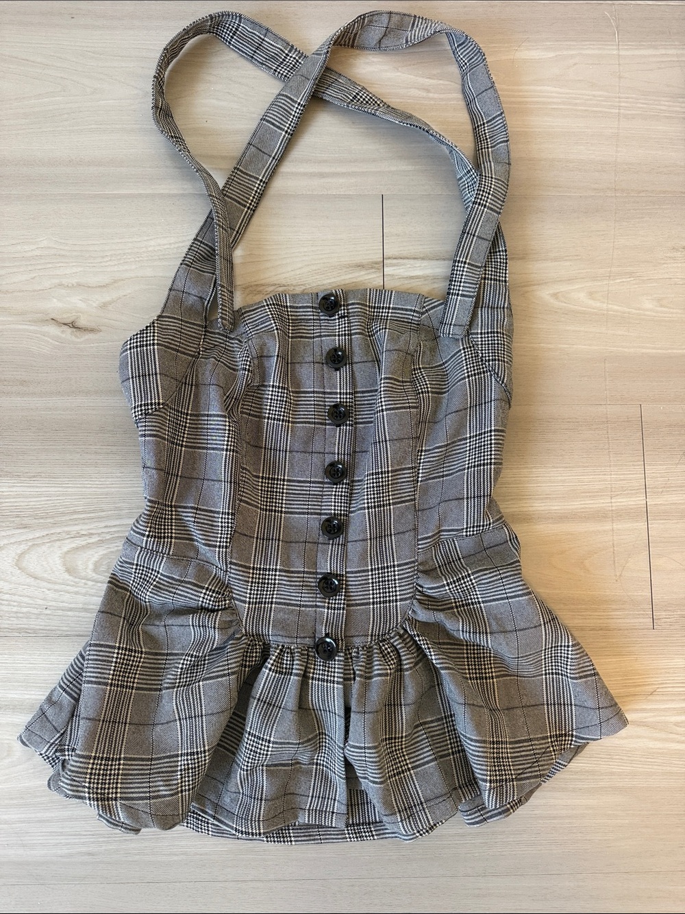 Free People Gray Plaid Button-Front Peplum Tank
